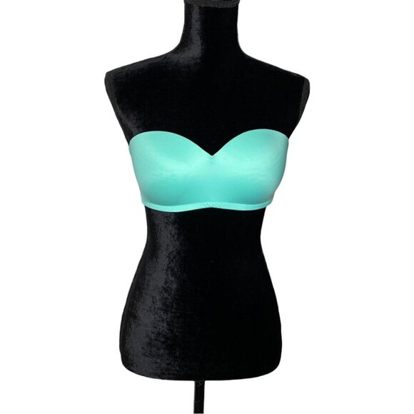 Victorias Secret Pink Bandeau Strapless Bra L/G Mint Green Black Crisscross Back - Picture 1 of 16